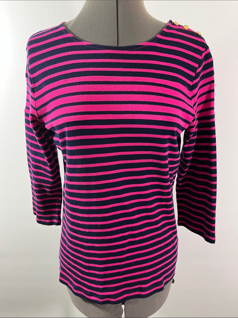 Ralph Lauren Navy and Hot Pink Striped Long Sleeve Top with Shoulder Buttons Siz